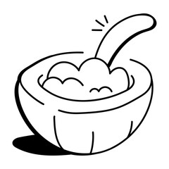 A doodle icon of coconut mousse in a coconut shell with a spoon

