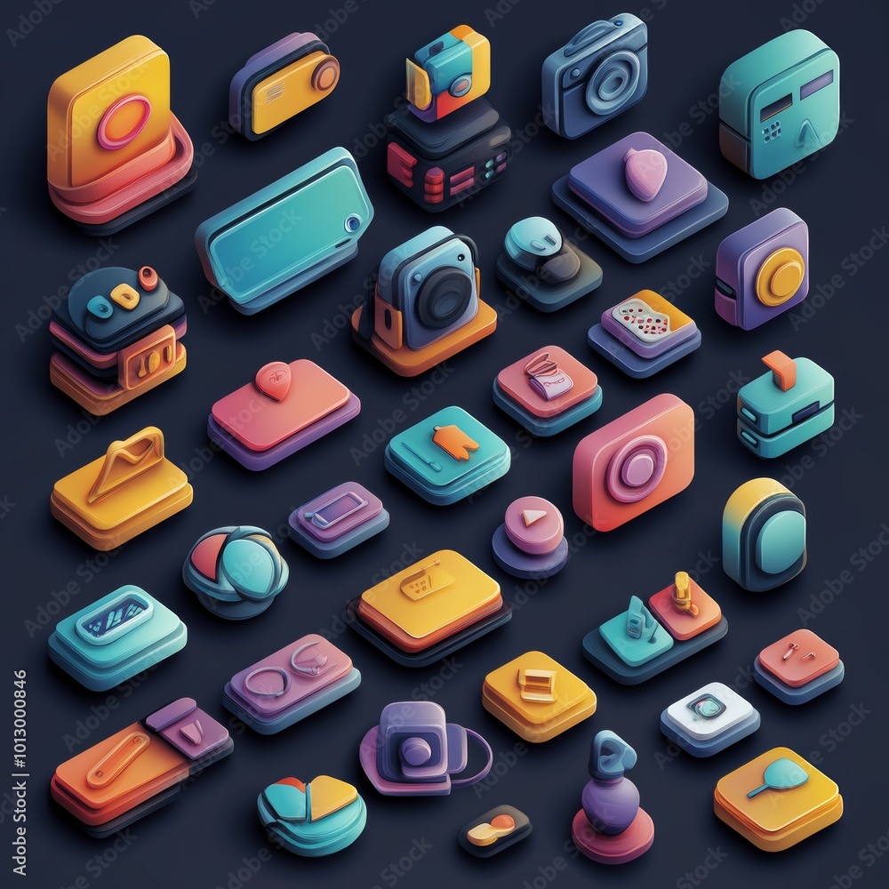 Poster colorful isometric 3d app icons and buttons for mobile ui design