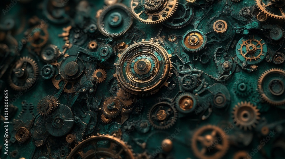 Poster a vibrant and abstract depiction of clustered gears in a mechanical arrangement, featuring detailed 