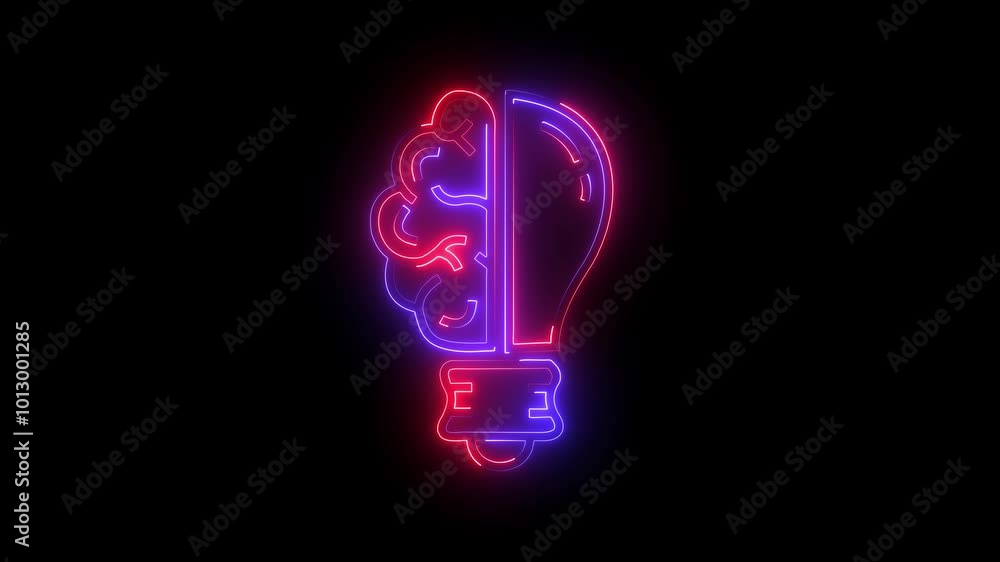 Poster creative and intelligent neon glowing brain icon animation. digital brain power icon. neon brain ico