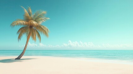 Fototapeta premium A serene tropical beach scene featuring a solitary palm tree against a clear blue sky and calm ocean waves.