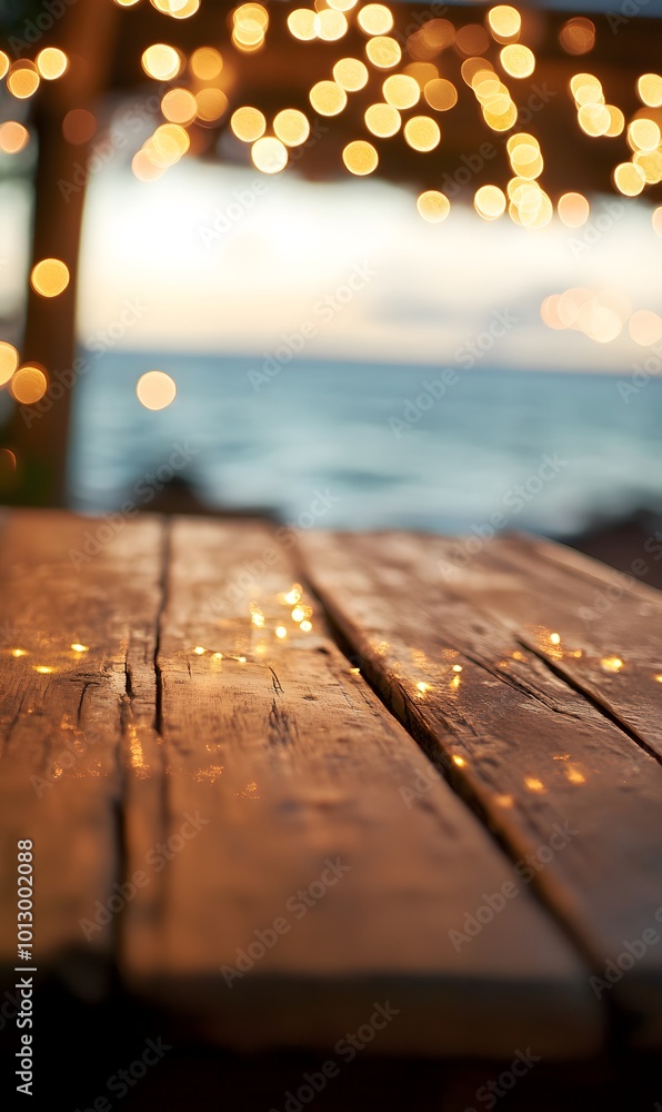 Aufkleber 36. a rustic wooden table set against a blurred beach cafe backdrop, adorned with bokeh lights twink