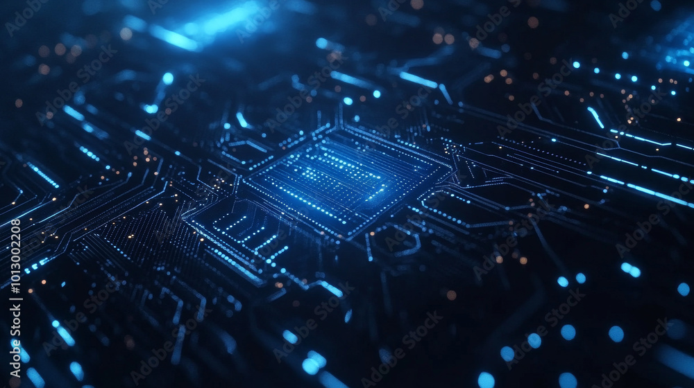 Poster a bright blue ai chip with tiny lines connecting its circuits, set against a futuristic tech backgro