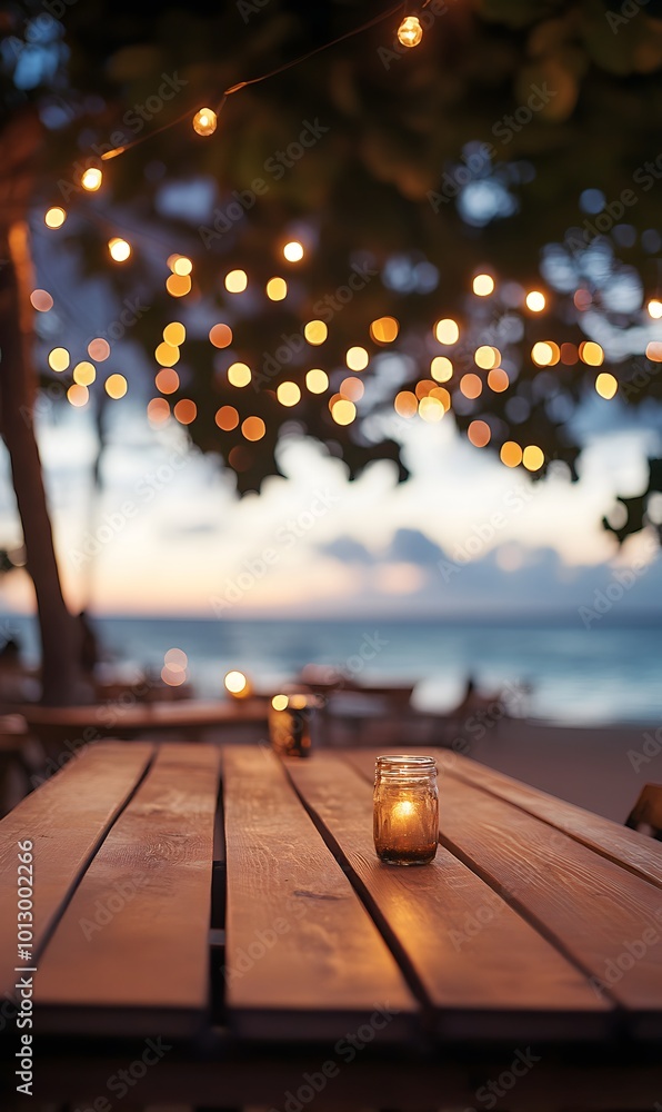 Aufkleber 36. a rustic wooden table set against a blurred beach cafe backdrop, adorned with bokeh lights twink