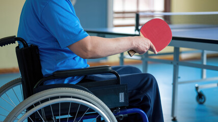 Obraz premium A man in a blue shirt and blue pants is sitting in a wheelchair. He is holding a red paddle and is ready to play ping pong