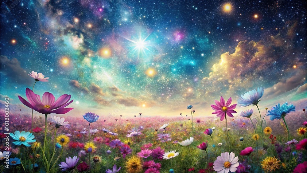 Wall mural abstract cosmic field blossoming with flowers against a magical galaxy backdrop reflected