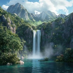 Fototapeta premium Majestic waterfall cascading into a serene mountain lake