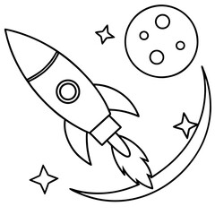 Fototapeta premium rocket flies to the moon outline coloring book page line art drawing