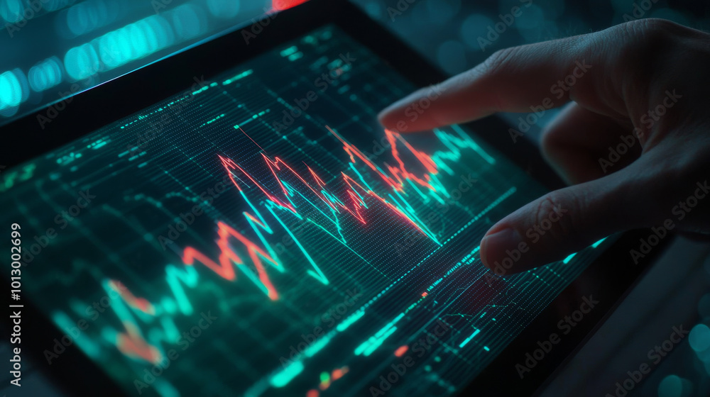 Poster a hand holds a tablet showing a chart with lines and shapes that represent stock prices. the image i