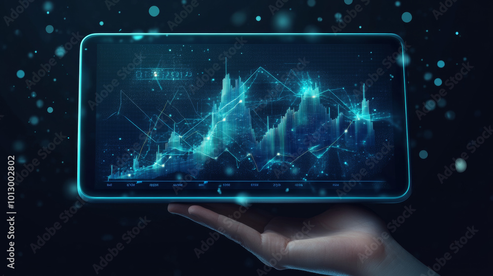 Poster a hand holds a tablet showing a chart with lines and shapes that represent stock prices. the image i