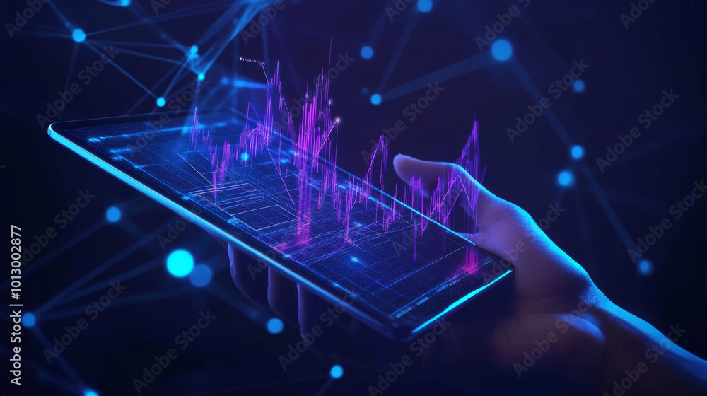Poster a hand holds a tablet showing a chart with lines and shapes that represent stock prices. the image i