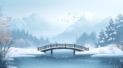 An illustration of a landscape on a bridge in cold winter