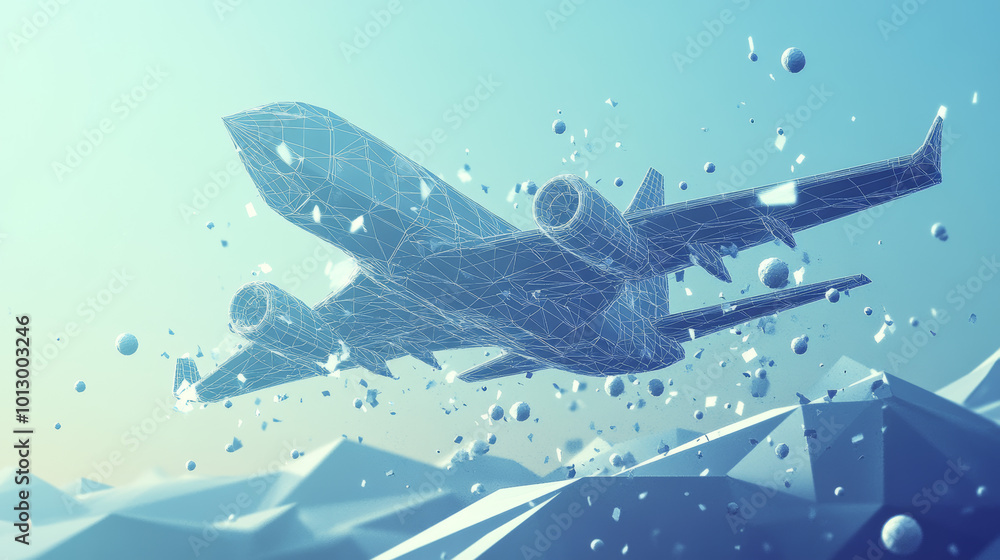 Poster a simple, geometric airplane with a low-polygon design. the image is created using spheres, represen