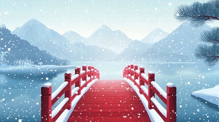 a red bridge in the snow with mountains in the background.