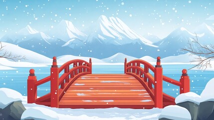 a red bridge in the snow