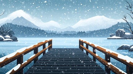 a snowy scene with a bridge in the background.