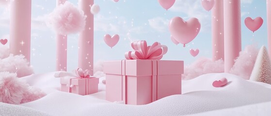 Flying Gift Boxes and Heart Balloons Paper Art Composition with Copy Space