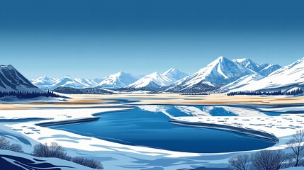 a painting of a lake with mountains in the background