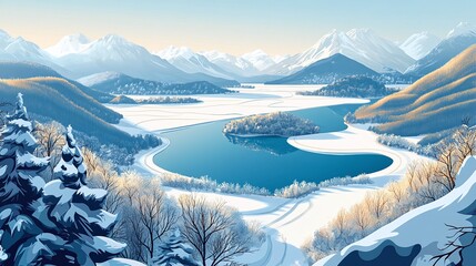 a winter scene with snow covered mountains and a lake.