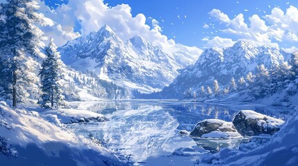 a snowy mountain lake with a reflection of snow covered mountains in the background.