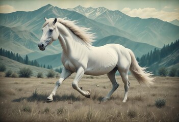 Obraz premium A white horse with a flowing mane running through a grassy field with mountains in the background