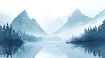 a painting of a mountain lake with a lake in the background