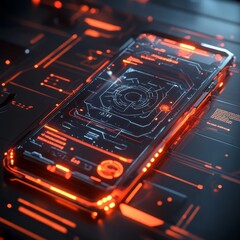 Obraz premium Futuristic Smartphone Interface with Orange Glowing Lines