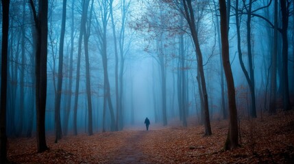 A lone figure walks down a path in a foggy forest.