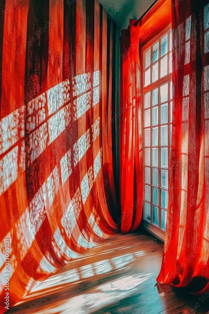 Poster Red Curtains Draped Over Window With Geometric Pattern Cast By Sunlight