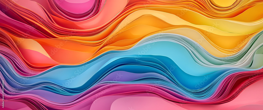 Poster an abstract vibrant image featuring colorful paper sculpted into wave-like forms, presenting a playf