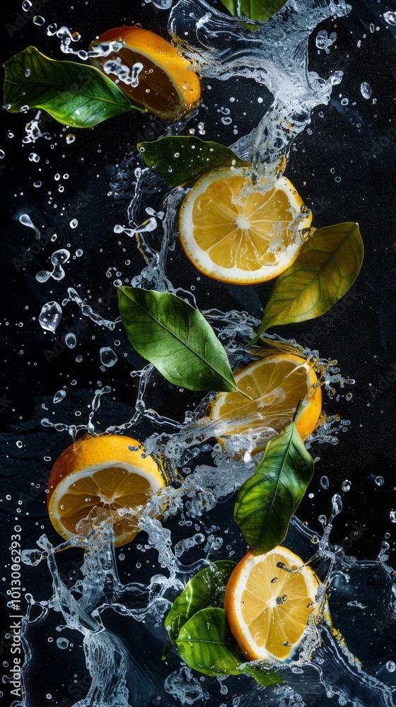 Poster a series of oranges and lemon slices are falling into a stream of water