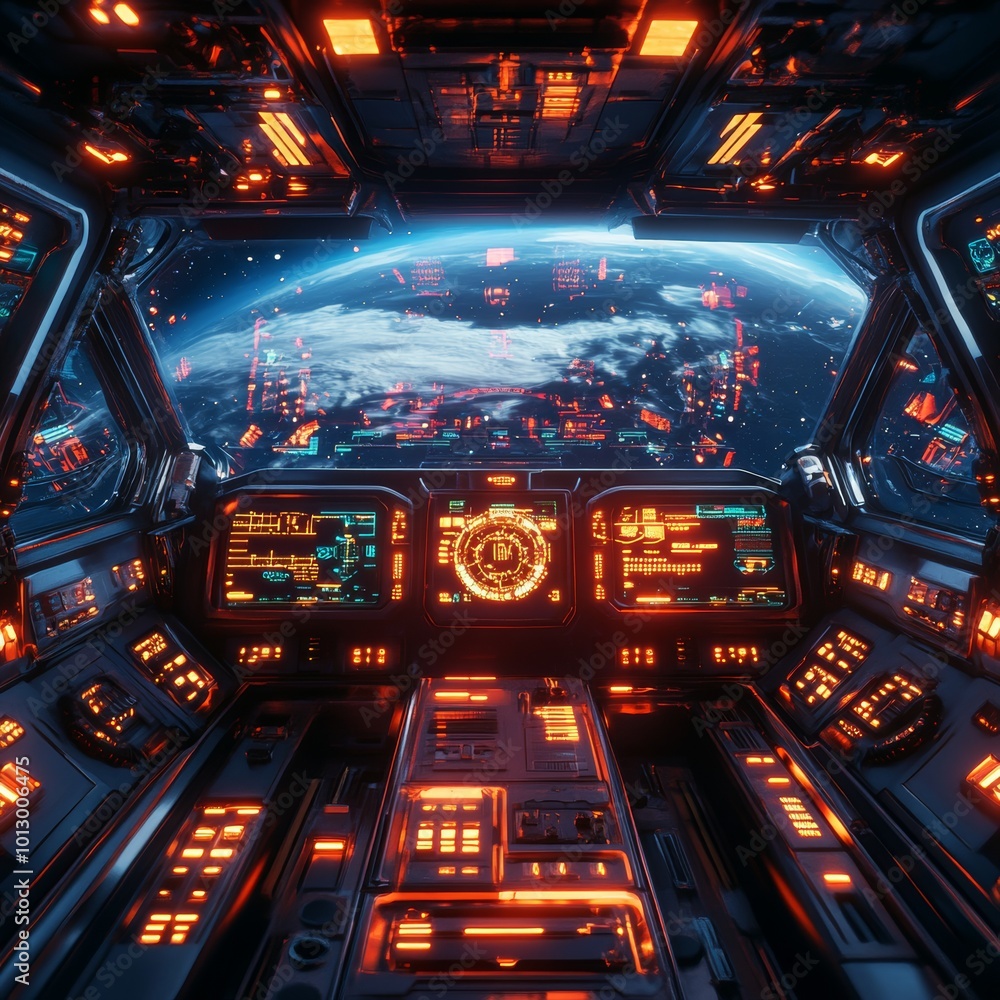 Poster futuristic spaceship cockpit with earth view and interface