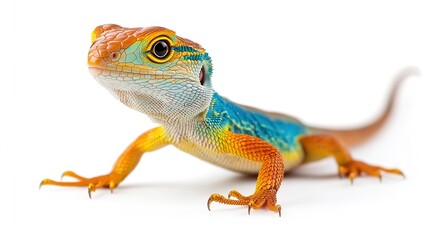 Fototapeta premium Bright lizard, bright colors long tail bright shining eyes standing upright full length, white background 