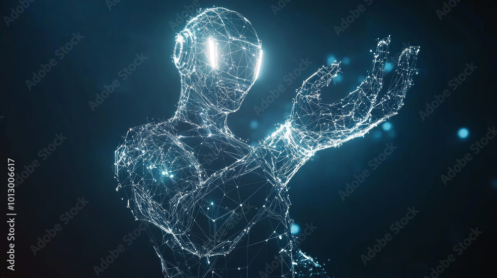 Poster a shiny, 3d robot made of digital lines hovers over a wireframe hand. this futuristic image represen