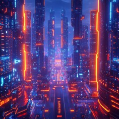 Futuristic Cityscape with Neon Lights and Towers