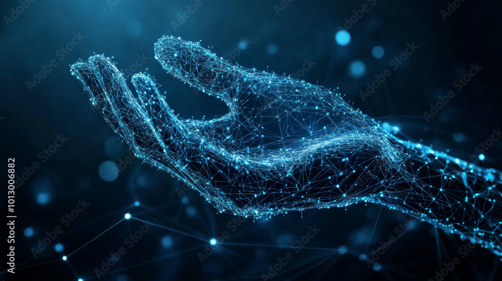 Poster a shiny, 3d robot made of digital lines hovers over a wireframe hand. this futuristic image represen