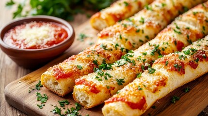 A delicious platter of cheesy breadsticks with marinara sauce, garnished with herbs. Perfect for sharing or snacking.