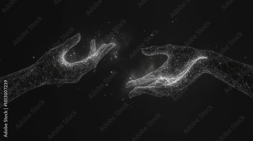 Poster two hands reach out in the darkness, their outlines glowing with points of light. it's a digital ima