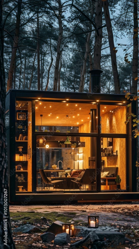 Poster a small cabin with a fireplace and a window
