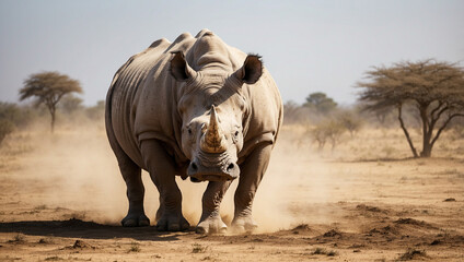 Rhinoceros Walking Through a Dusty Savannah