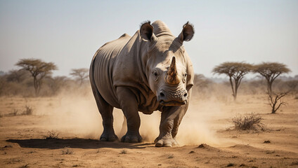 Fototapeta premium Rhinoceros Walking Through a Dusty Savannah