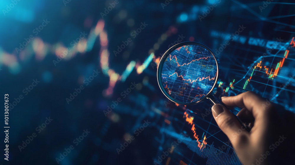 Poster a digital image shows a person examining a stock market chart with a magnifying glass. the image use