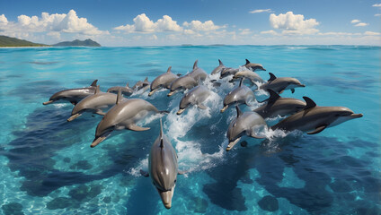 Fototapeta premium School of Dolphins Swimming Together