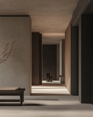 Serene Minimalist Hallway with Soft Lighting, Natural Tones, Wooden Bench, and Decorative Elements, Ideal for Contemporary Interior Design, Tranquil Spaces, and Modern Architecture