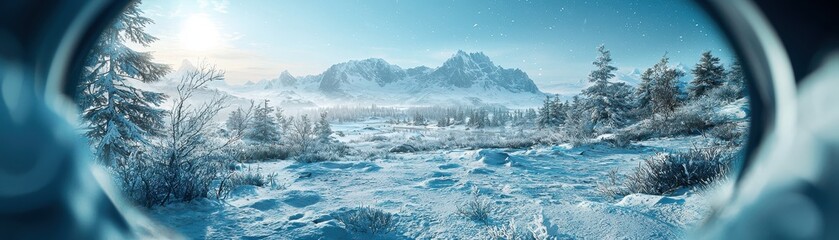 Obraz premium Breathtaking winter landscape featuring snow-covered mountains and a serene river under a clear blue sky