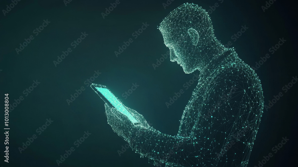Poster digital businessman, made up of lines and points, uses a tablet to interact with a chatbot app.this 