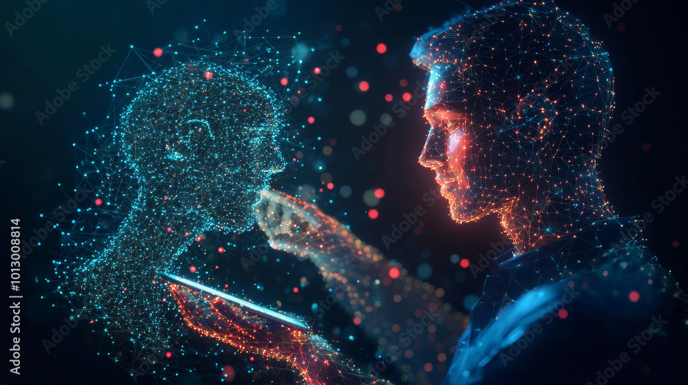 Poster digital businessman, made up of lines and points, uses a tablet to interact with a chatbot app.this 