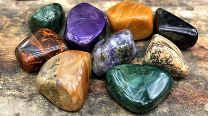 A handful of polished gemstones, showing off vibrant colors and smooth surfaces