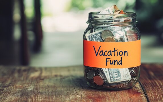 A jar labeled "Vacation Fund" filled with cash and coins, symbolizing savings for travel.