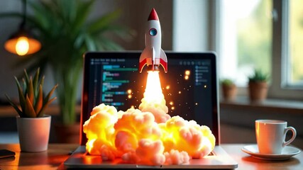 Space rocket launch from a laptop computer. Business startup innovation concept. - Powered by Adobe